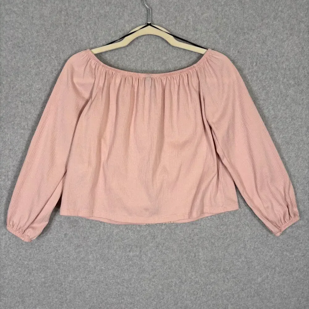 H&M Crochet Gauze Crop Blouse Small Pink Crinkle Boho Cottage Puff Feminine